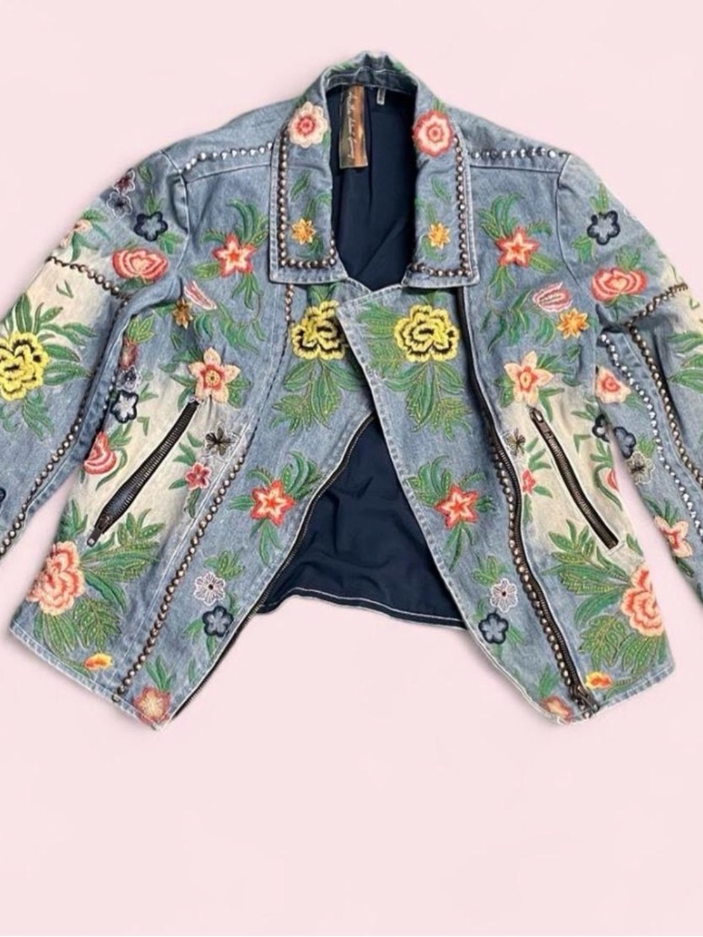 Designer Embroidered Floral Denim Jacket With Studs